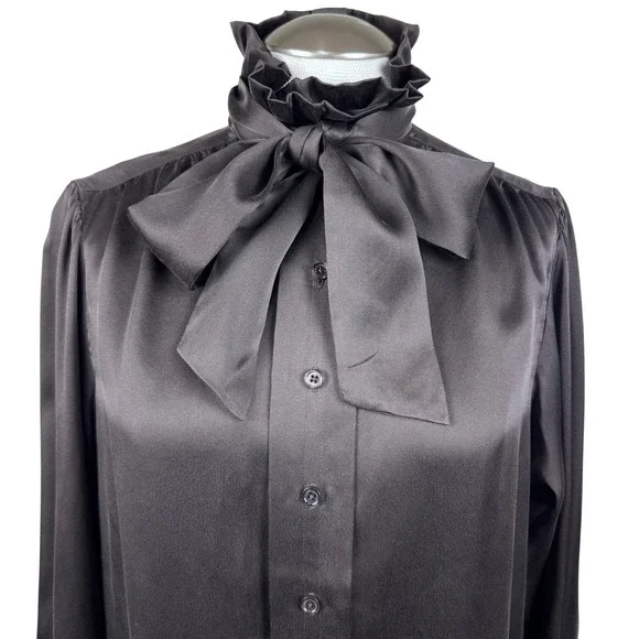 EQUIPMENT Femme Women Brown Silk Ruffle Neck Bow Button Down Blouse Shirt Small - Picture 2 of 10